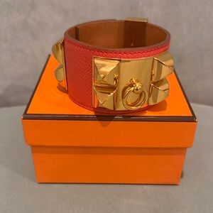 Hermes Gold-Plated Studded Leather Cuff Bracelet - Coral Pink
